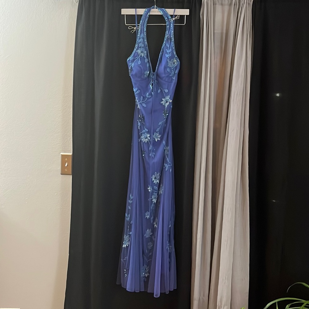 Blue sequined gown. Halter neckline. Size 10.